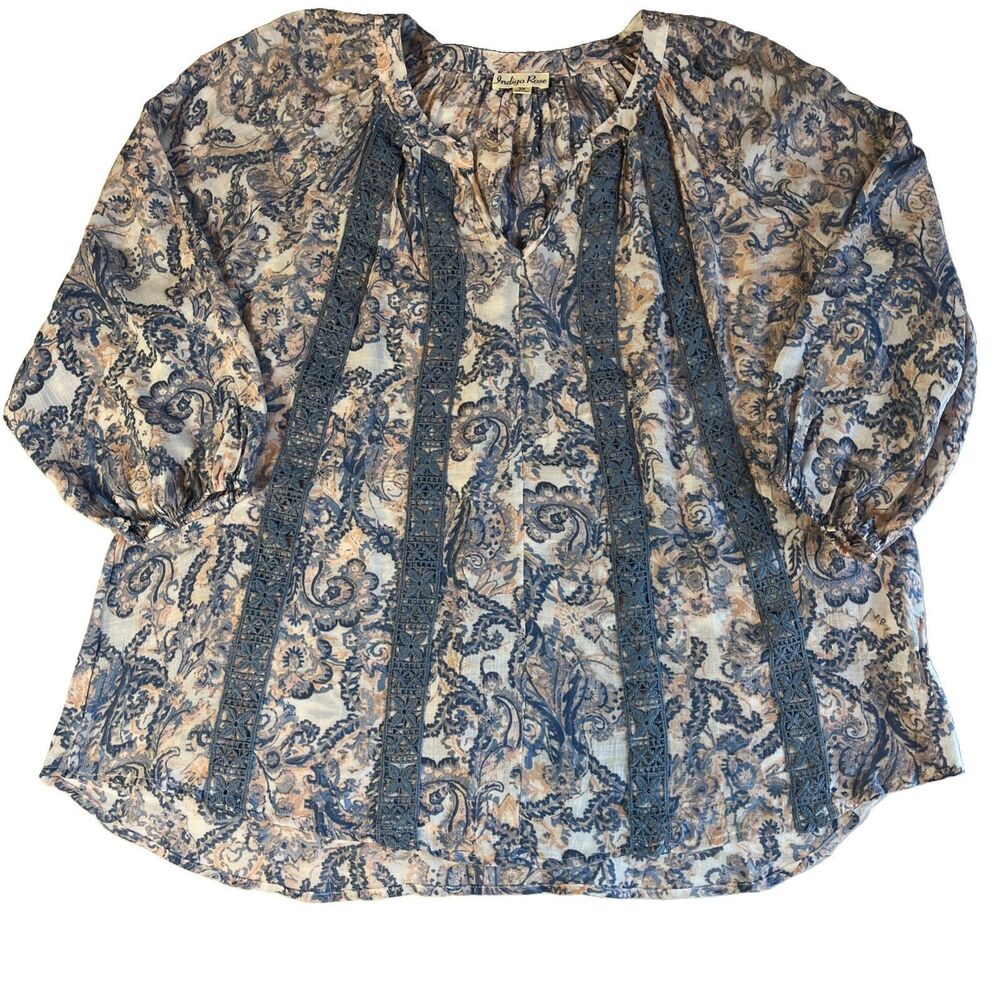 Indigo Rose Peasant Blouse Women’s 3X Blue Paisley Crochet Trim Boho Cottage
